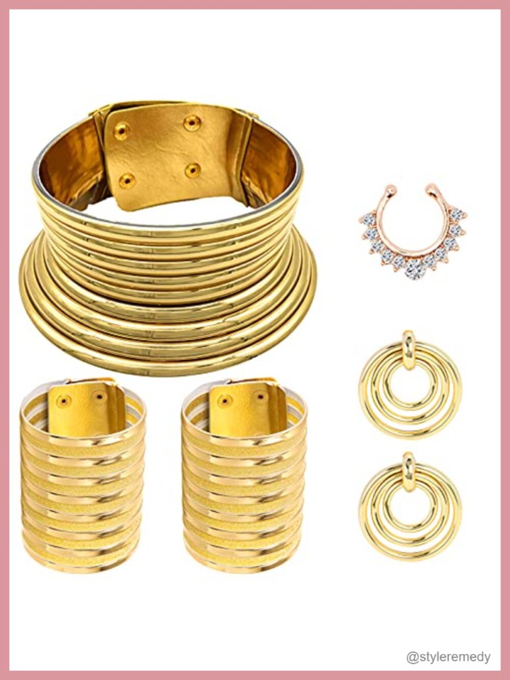 African Tribal Jewelry Set Gold Tone Choker Necklace Bracelet Earrings
